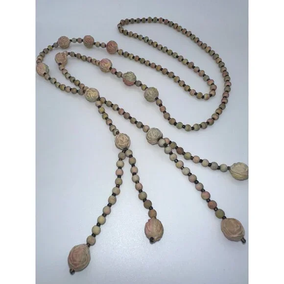 Antique Art Deco real pressed rose petals pink beaded sautoir tassel necklace